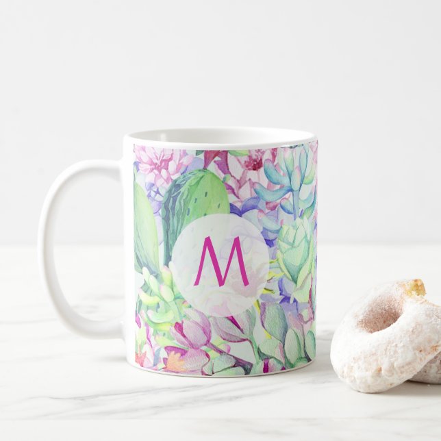 Mug Monogramme de cactus et succulents (Avec donut)