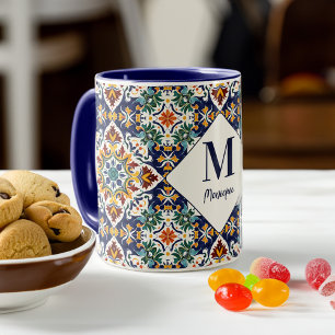 Mug monogramme de carreaux turcs azulejo méditerranéen