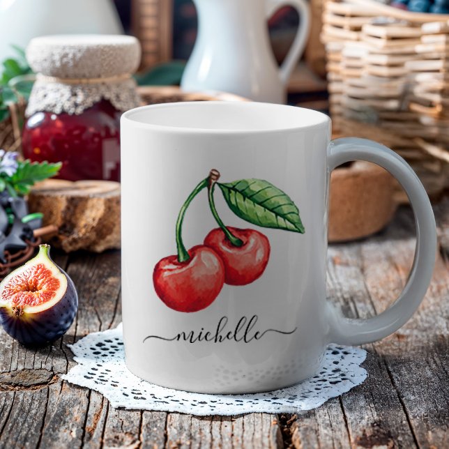 Mug Monogramme de cerises d'aquarelle (These watercolor red cherries make a great fruit design, and you can personalize this with your name)