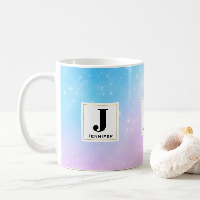 Mug Monogramme de ciel rose et bleu pastel (Avec donut)