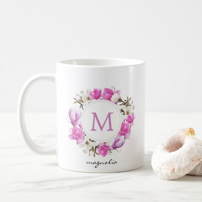 Mug Monogramme de couronne d'aquarelle Magnolia (Avec donut)