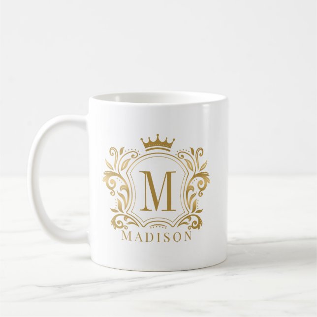 Mug Monogramme de couronne de crête royale d'or (Gauche)