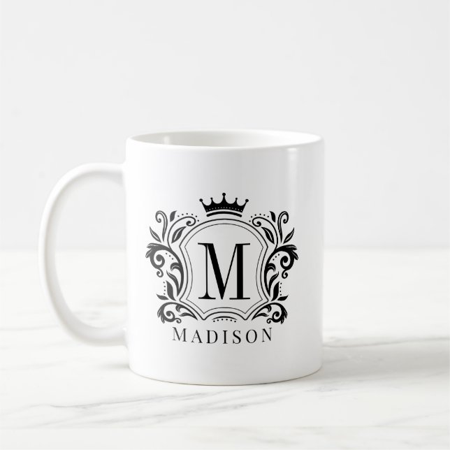 Mug Monogramme de couronne de crête royale noire (Gauche)