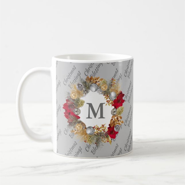 Mug Monogramme de couronne de Noël gris personnalisé (Gauche)