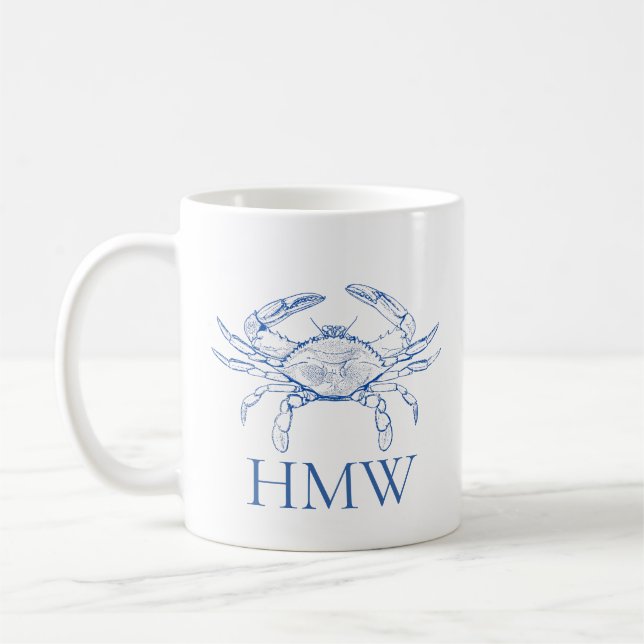 Mug Monogramme de crabe bleu et blanc côtier (Gauche)