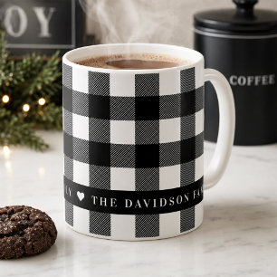 Mug Monogramme de famille à carreaux buffle noir et bl
