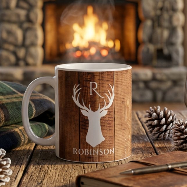 Mug Monogramme de famille rustique en bois de cerf (Créateur téléchargé)
