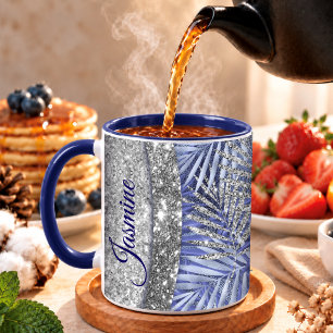 Mug Monogramme de feuilles pailletées bleu violet arge