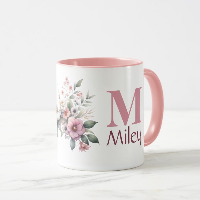 Mug Monogramme de fleur - Floral personnalisé (Devant droit)