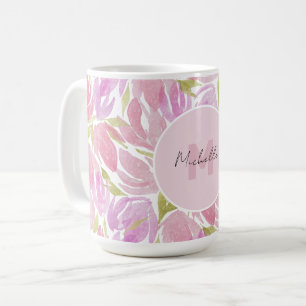 Mug Monogramme de fleurs aquarelles rose boho moderne