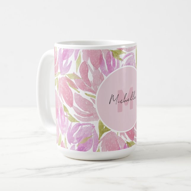 Mug Monogramme de fleurs aquarelles rose boho moderne (Devant gauche)