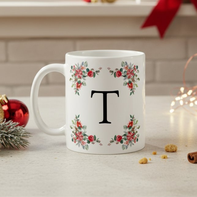 Mug Monogramme de fleurs rouges d'hiver (Créateur téléchargé)