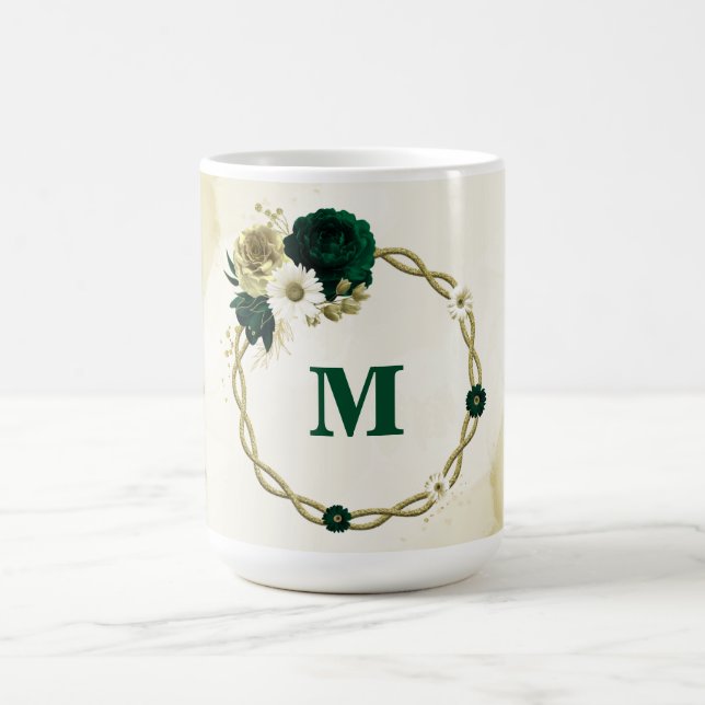 Mug Monogramme de fleurs vert émeraude ivoire or (Centre)