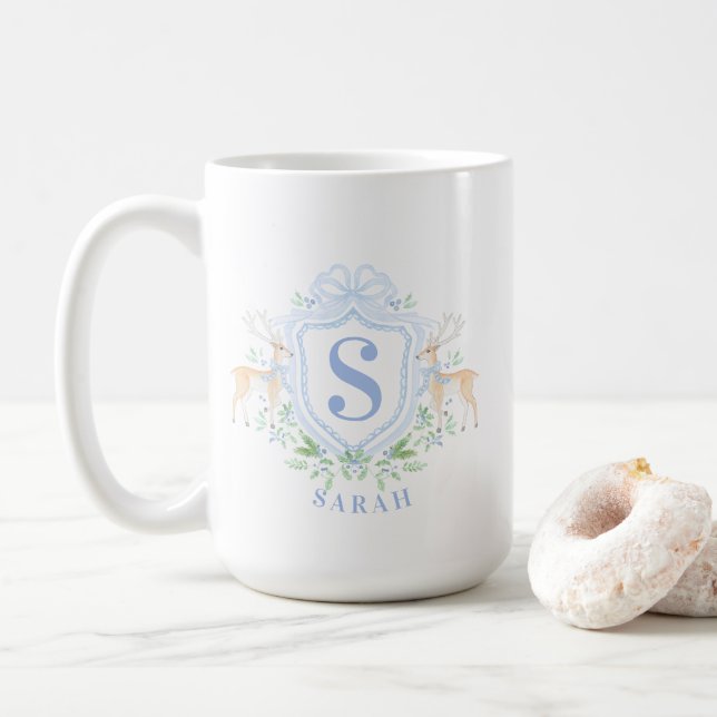 Mug Monogramme de la crête des cerfs de Noël du grand- (Avec donut)