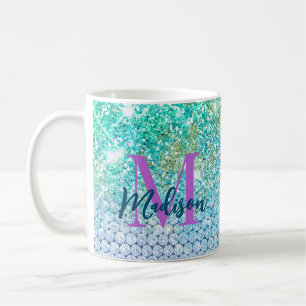 Mug Monogramme de la fausse parties scintillant Turquo