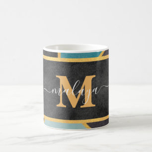 Mug Monogramme de la ligne d'or Turquoise moderne