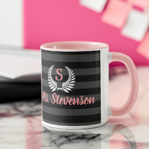 Mug Monogramme de laurier rose noir personnalisé femme