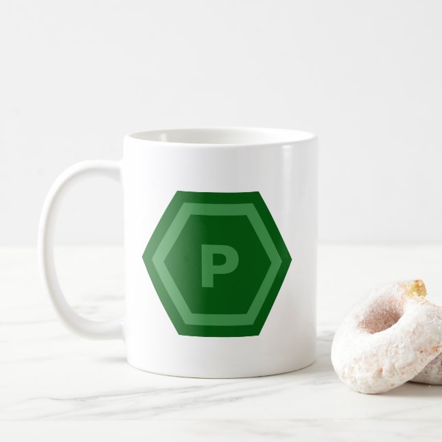 Mug Monogramme de lettre unique verte gras en hexagone (Avec donut)