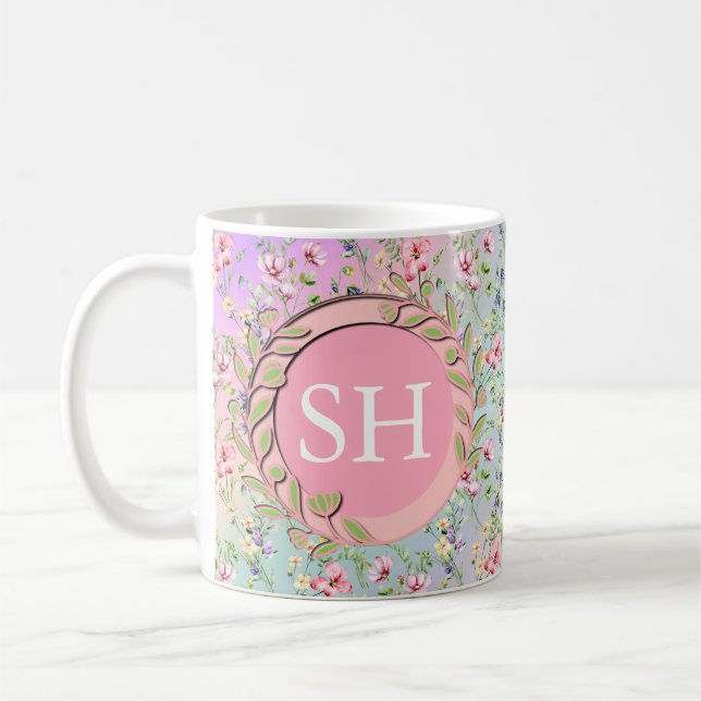 Mug Monogramme de motif aquarelle de fleurs printanièr (Gauche)