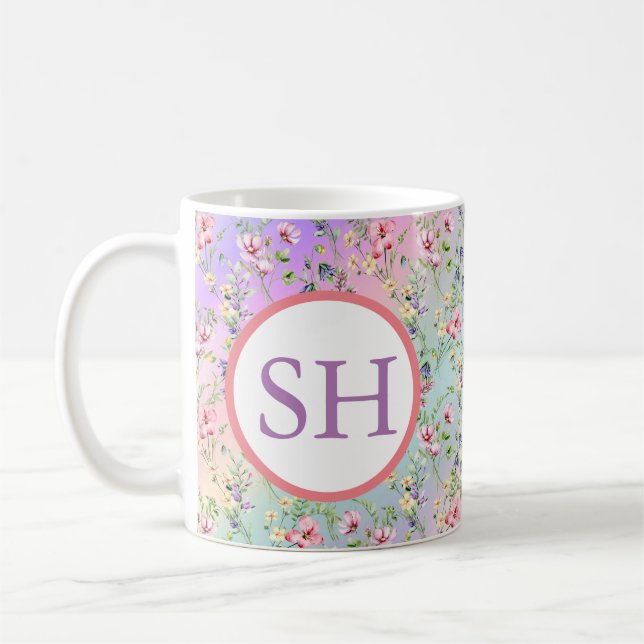 Mug Monogramme de motif aquarelle de fleurs printanièr (Gauche)