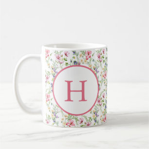 Mug Monogramme de motif aquarelle de fleurs printanièr