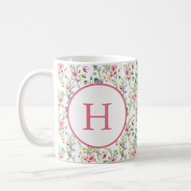 Mug Monogramme de motif aquarelle de fleurs printanièr (Gauche)