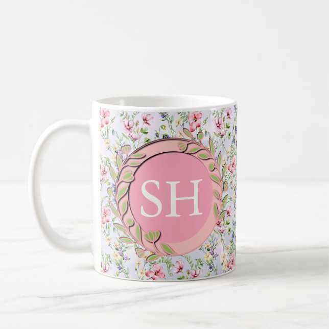 Mug Monogramme de motif aquarelle de fleurs printanièr (Gauche)