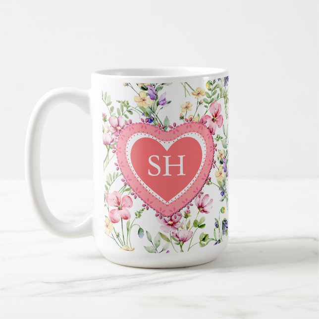 Mug Monogramme de motif aquarelle de fleurs printanièr (Gauche)