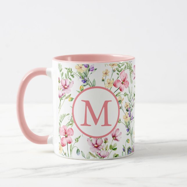 Mug Monogramme de motif aquarelle de fleurs printanièr (Gauche)