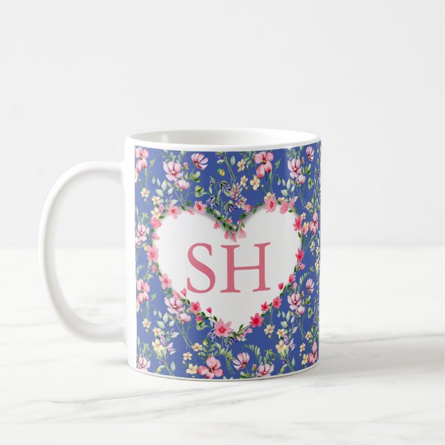 Mug Monogramme de motif aquarelle de fleurs printanièr (Gauche)