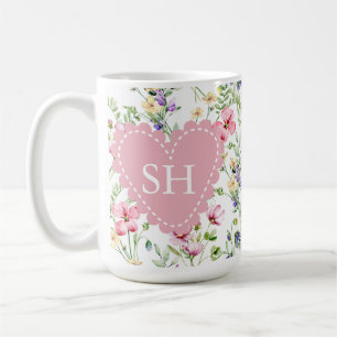 Mug Monogramme de motif aquarelle de fleurs printanièr