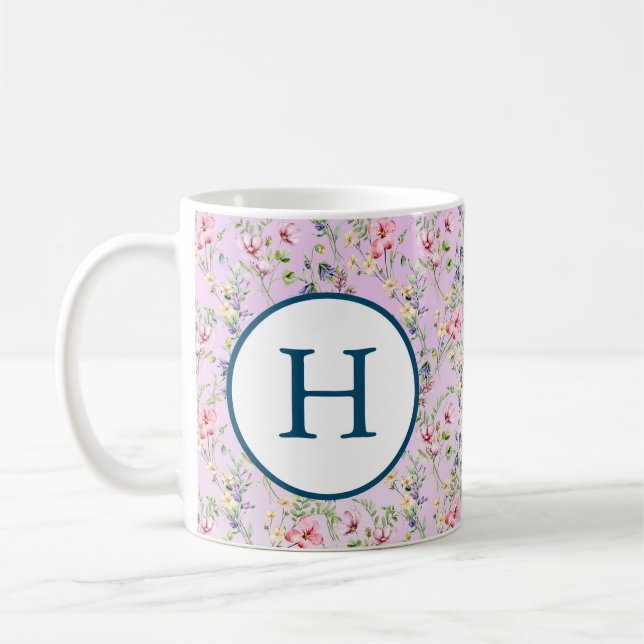 Mug Monogramme de motif aquarelle de fleurs printanièr (Gauche)