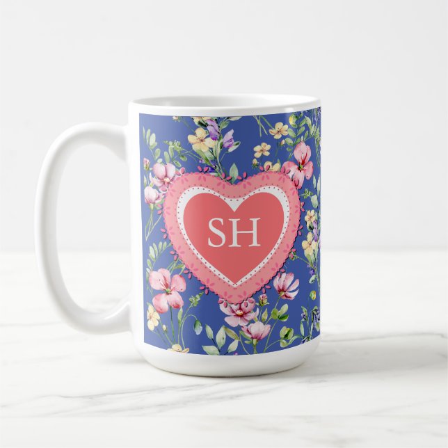 Mug Monogramme de motif aquarelle de fleurs printanièr (Gauche)