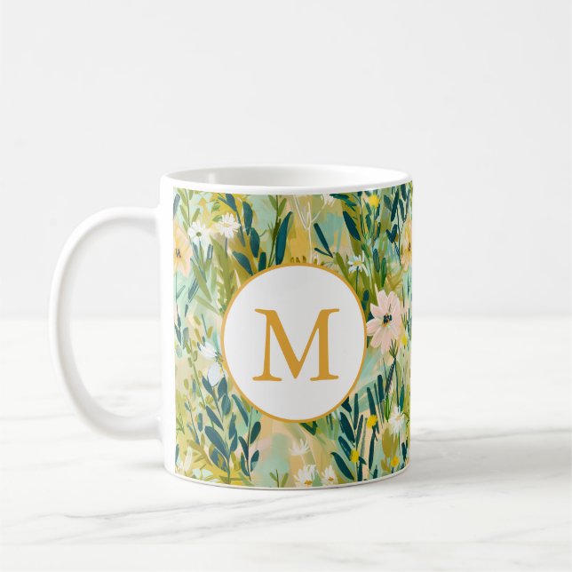 Mug Monogramme de motif aquarelle de fleurs vertes col (Gauche)