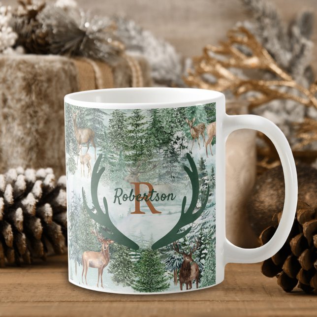 Mug Monogramme de Noël des cerfs de bois d'hiver (Créateur téléchargé)