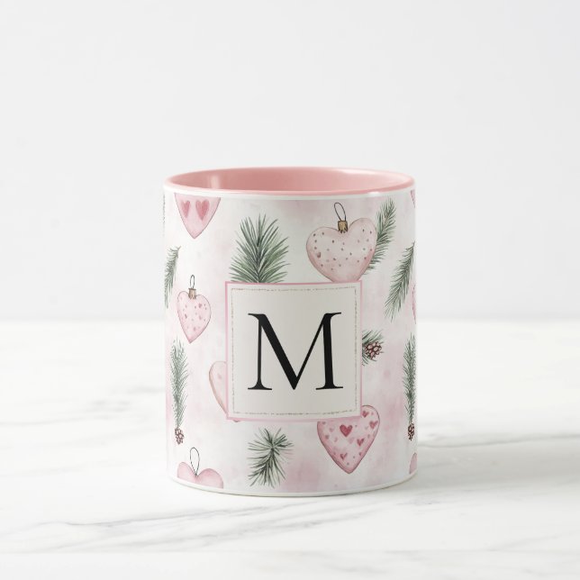 Mug Monogramme de Noël en cœurs rose saumon (Centre)