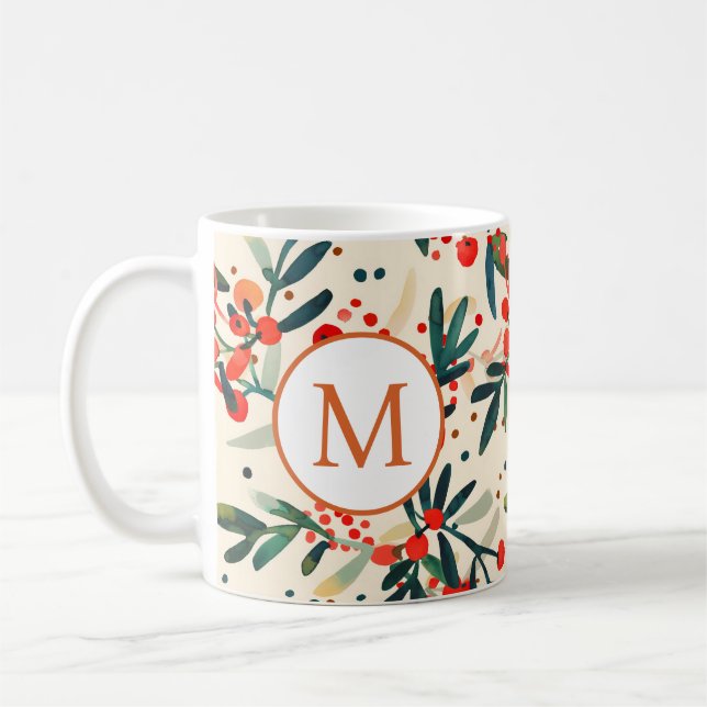 Mug Monogramme de Noël rouge moderne Holly Berries (Gauche)