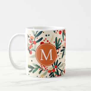 Mug Monogramme de Noël rouge moderne Holly Berries