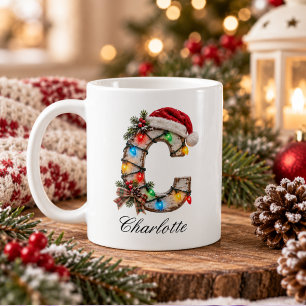 Mug Monogramme de Noël rustique festif Lettre C
