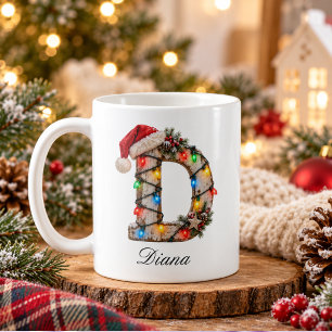Mug Monogramme de Noël rustique festif Lettre D