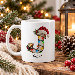 Mug Monogramme de Noël rustique festif Lettre J
