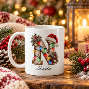 Mug Monogramme de Noël rustique festif Lettre N