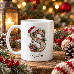 Mug Monogramme de Noël rustique festif Lettre S