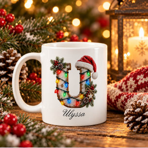 Mug Monogramme de Noël rustique festif Lettre U