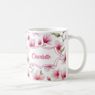 Mug Monogramme de nom botanique à l'aquarelle Magnolia