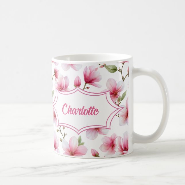 Mug Monogramme de nom botanique à l'aquarelle Magnolia (Droite)
