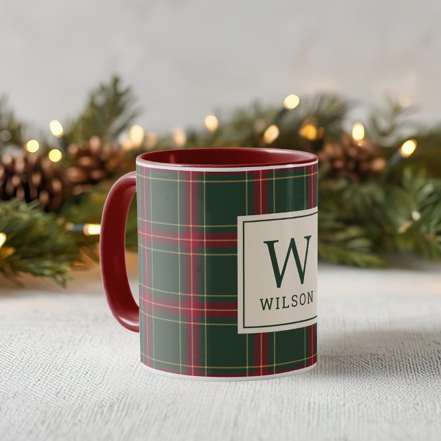 Mug Monogramme de nom de famille à carreaux de Noël cl (Créateur téléchargé)