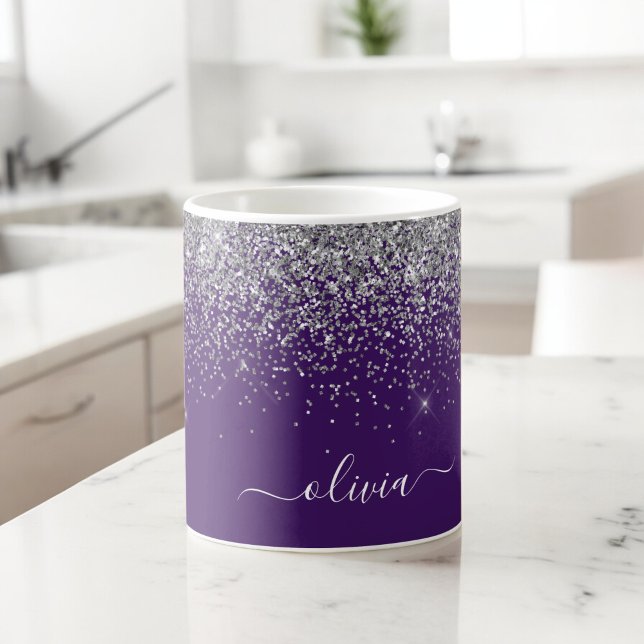 Mug Monogramme de nom de fille pailleté argent violet (Créateur téléchargé)