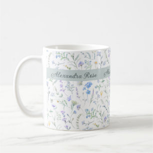 Mug Monogramme de nom de fleur sauvage aquarelle bleu