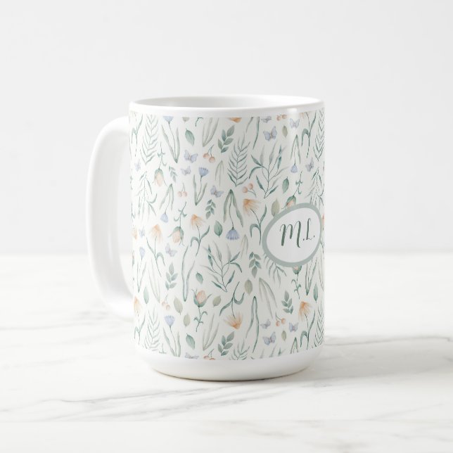 Mug Monogramme de nom floral à l'aquarelle botanique é (Devant gauche)